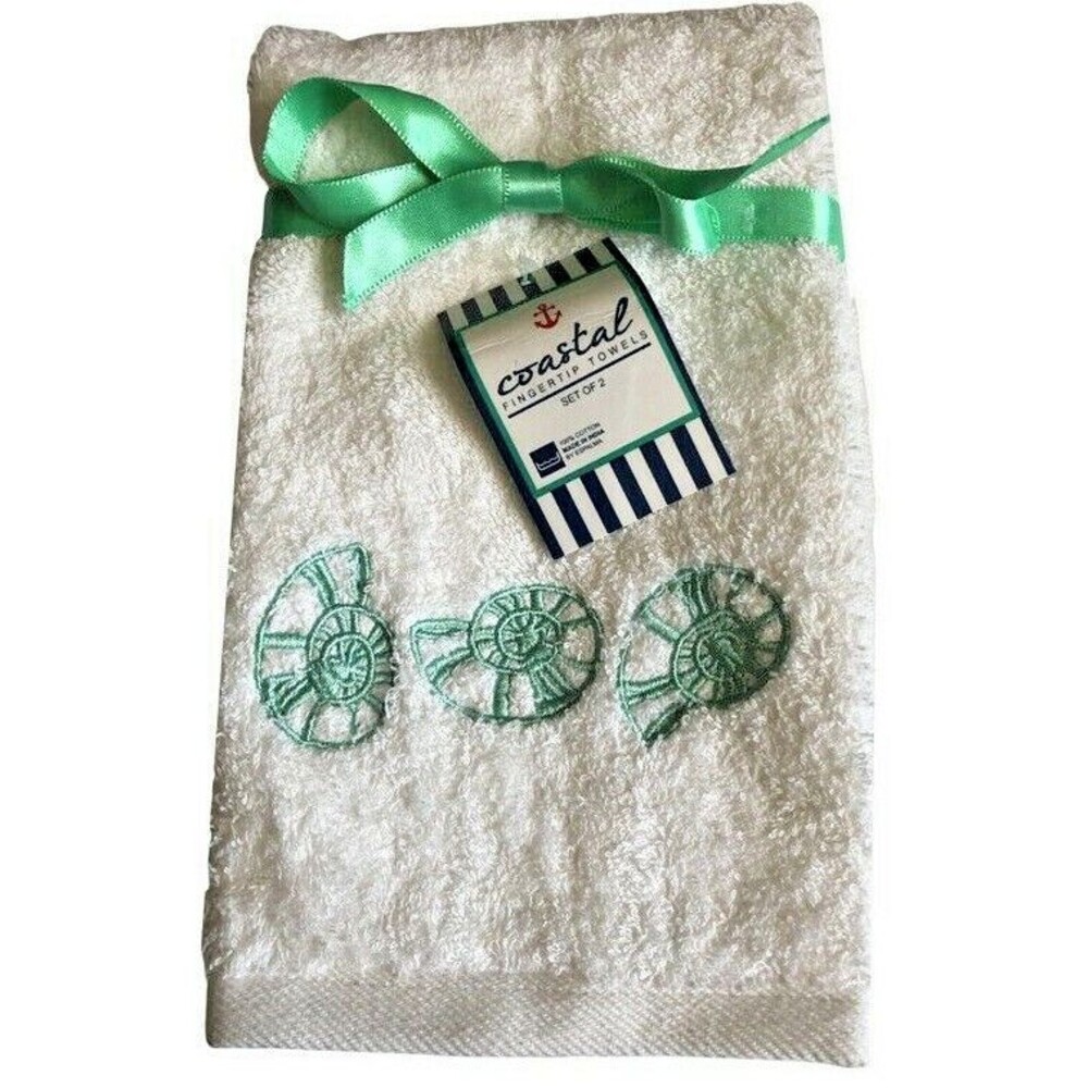 Shell Nautical Fingertip Towels Embroidered Guest Bathroom Summer Set of 2